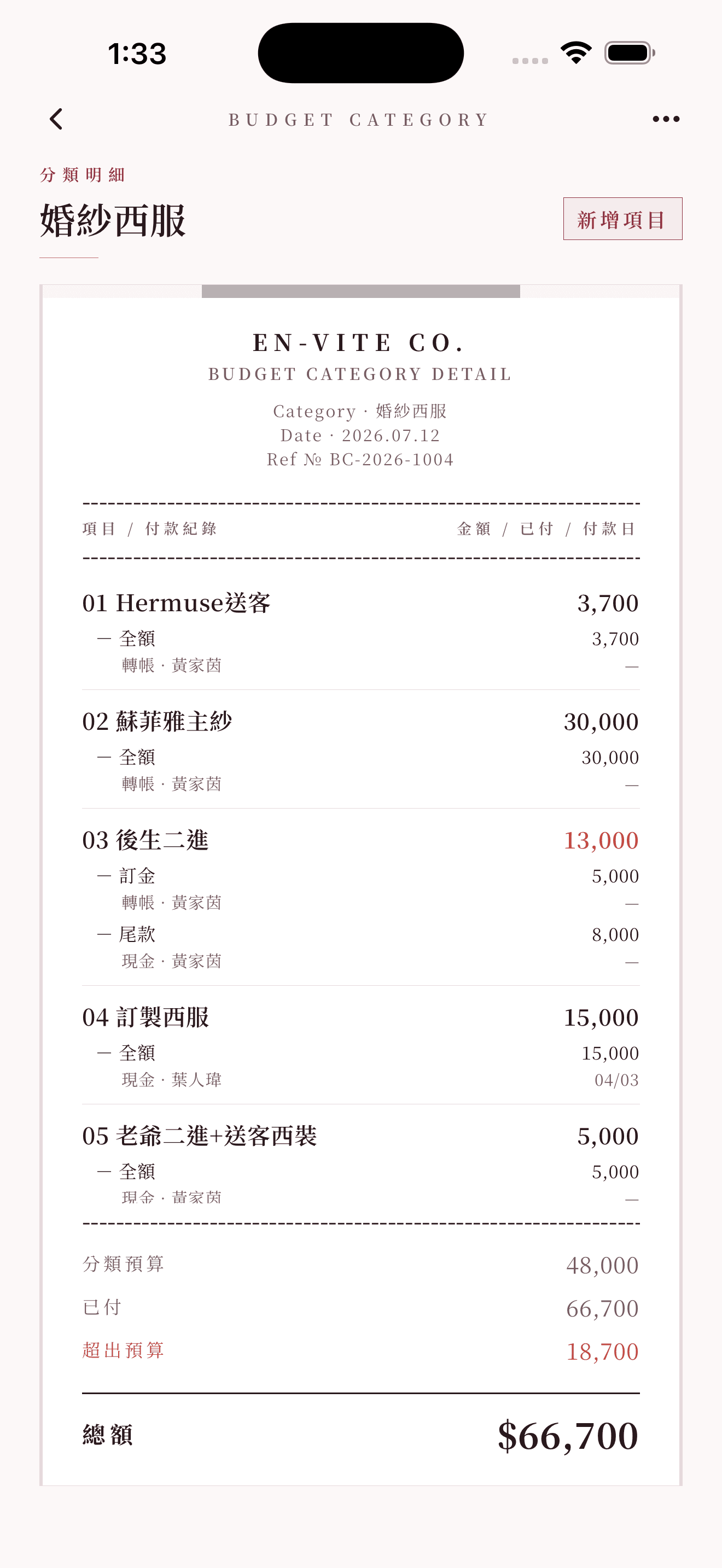 分類明細:項目與逐筆付款