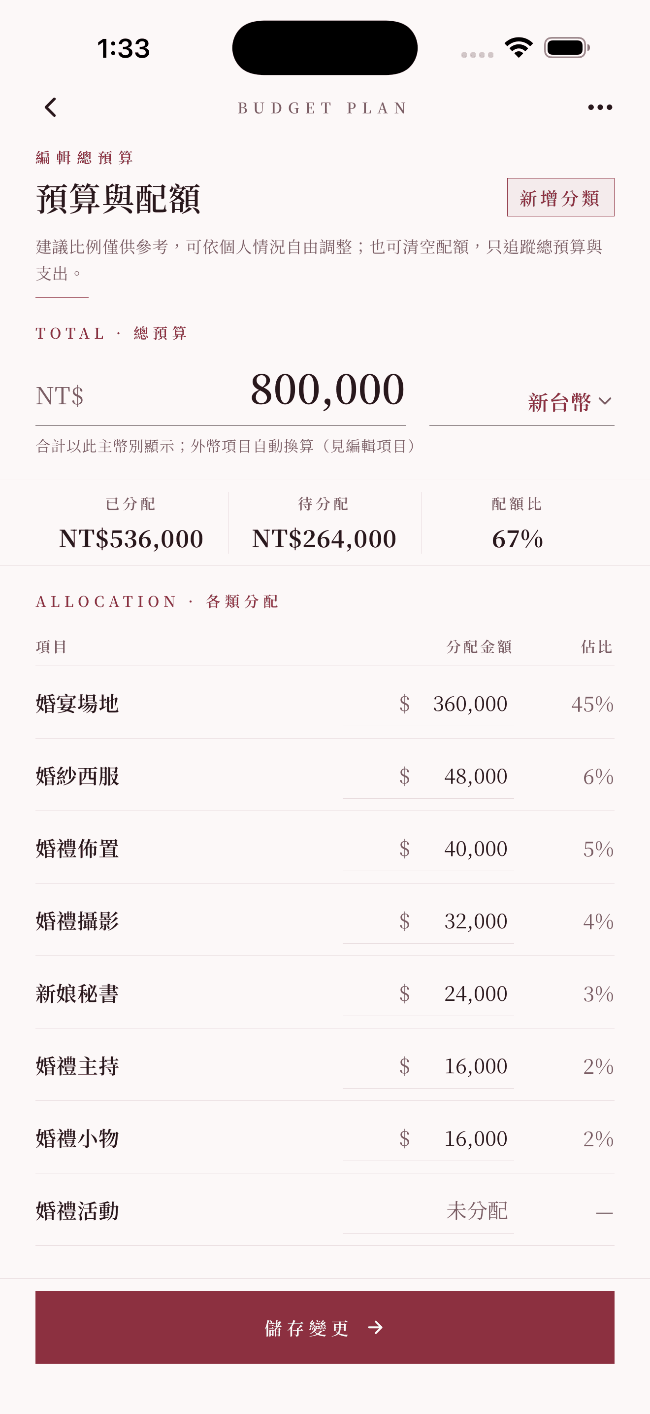 編輯總預算與各分類配額