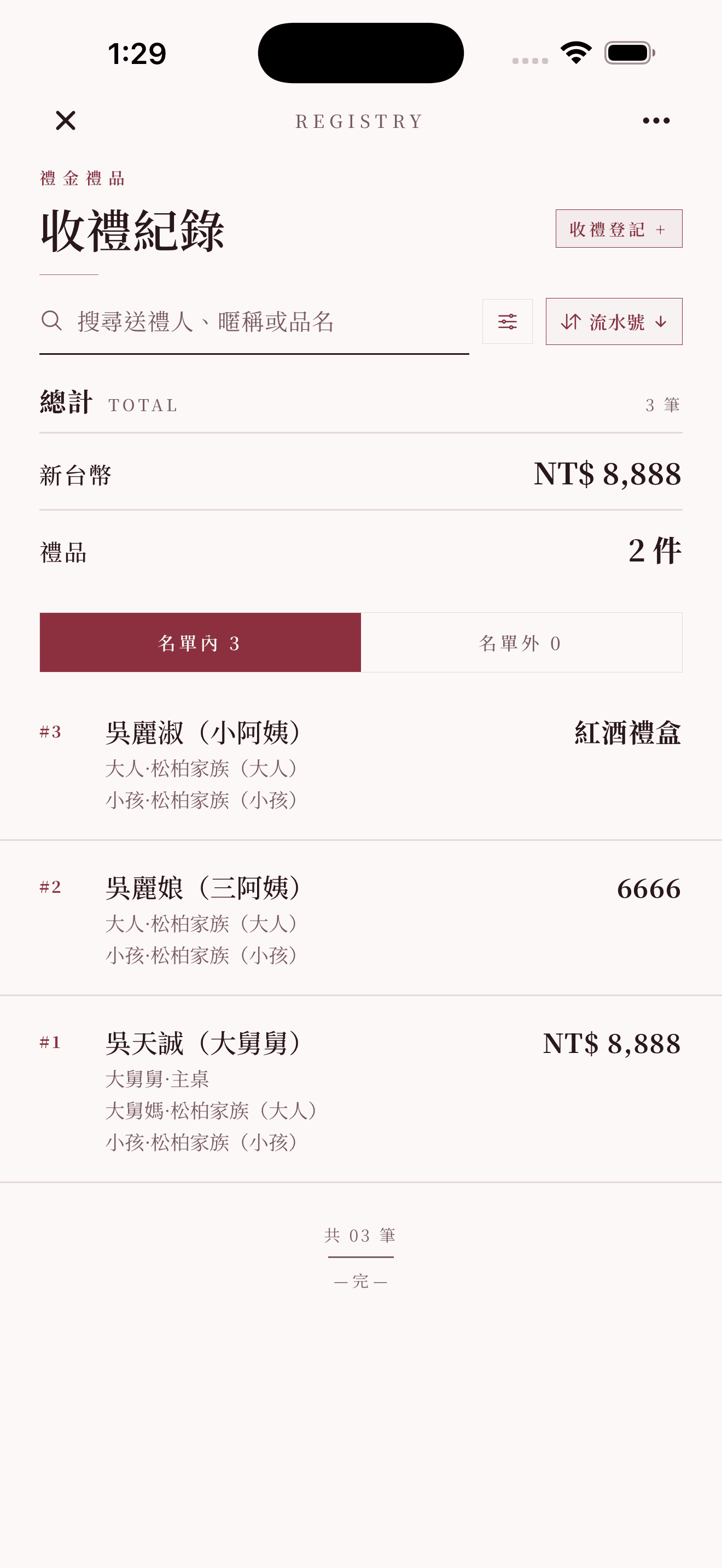 收禮紀錄:逐筆帳簿、名單內/名單外分頁、依幣別總計