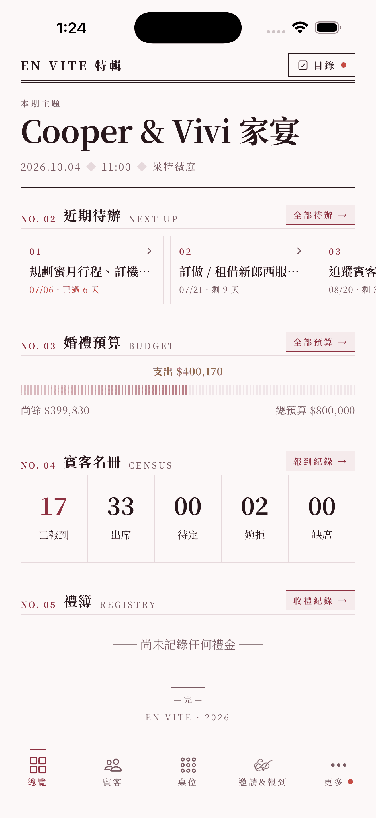 首頁區塊:賓客名冊與婚禮預算摘要
