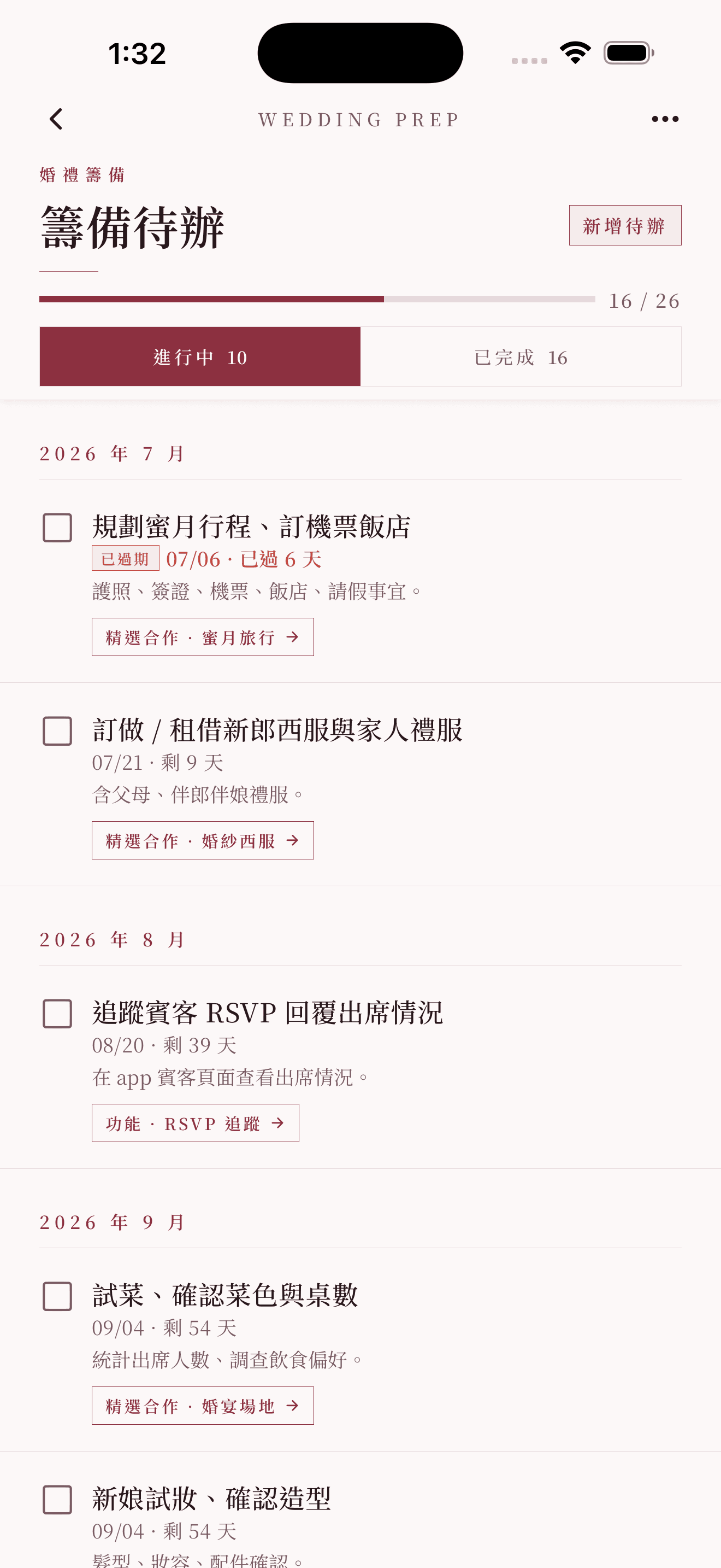 籌備待辦:依婚期分組的清單與進度